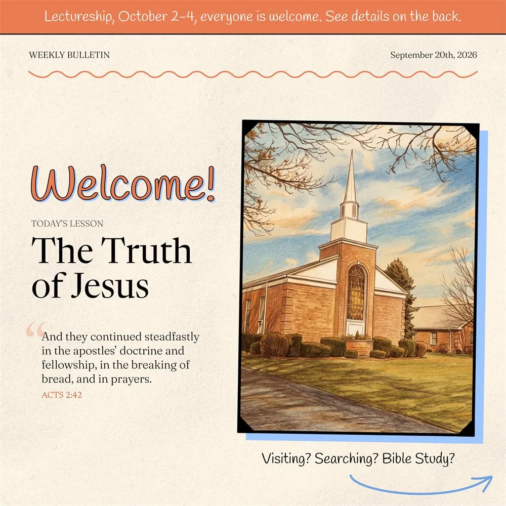 Bulletin cover: script Welcome heading, serif lesson title and a church photo on an offset blue block