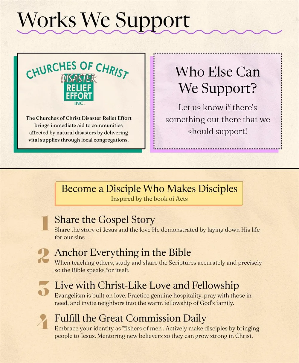 Bulletin page titled Works We Support: offset green and lavender color blocks above a numbered list
