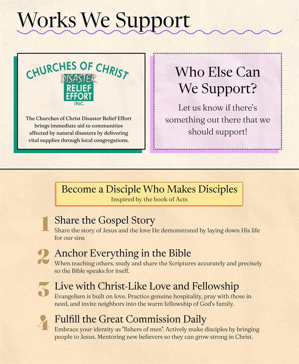 Bulletin page titled Works We Support: offset green and lavender color blocks above a numbered list
