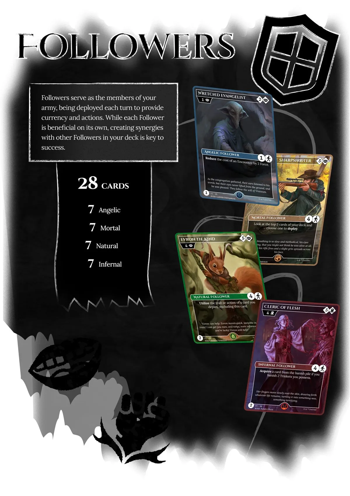 Followers spread: four faction-colored card frames side by side with artist credits visible on each