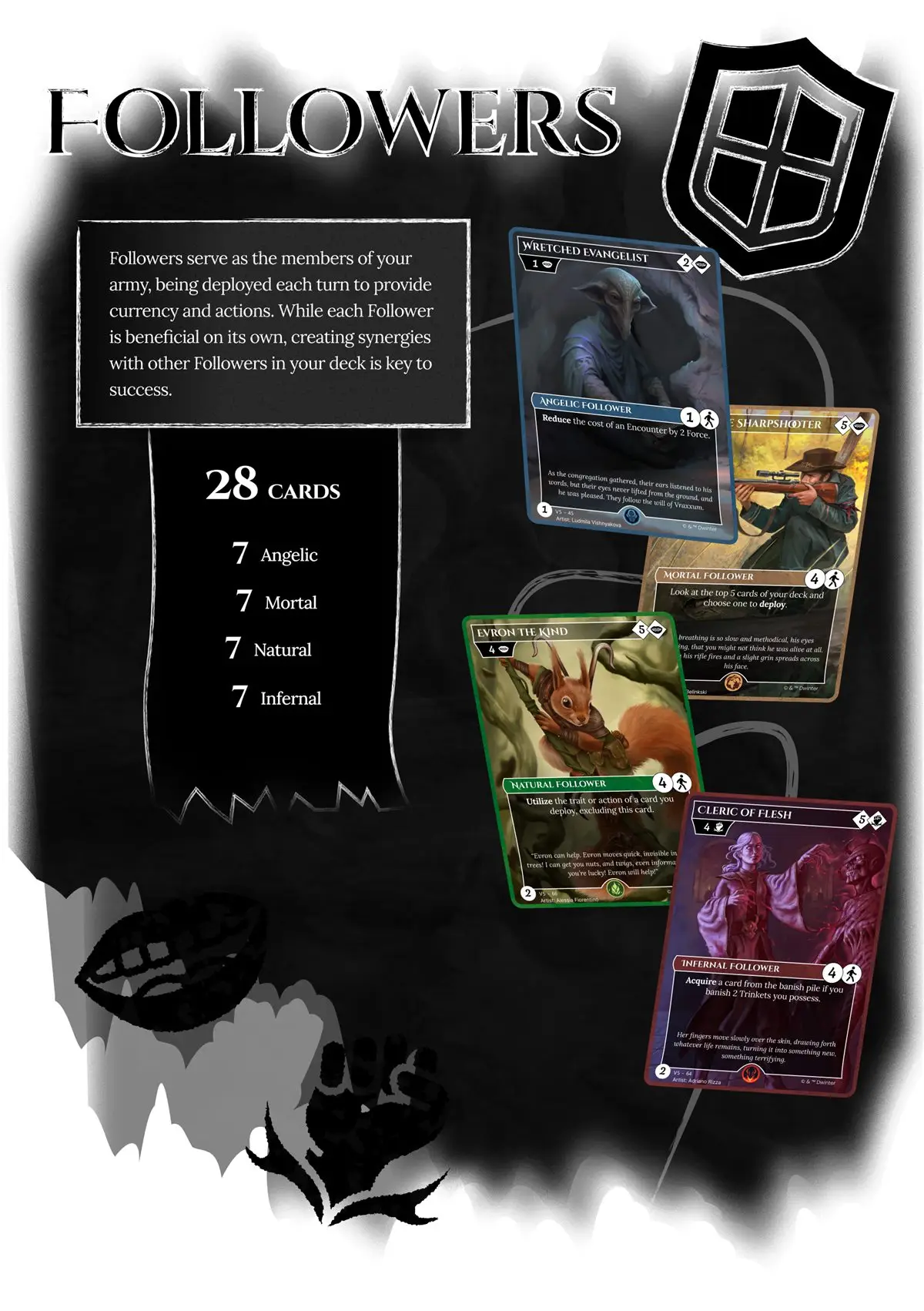 Followers spread: four faction-colored card frames side by side with artist credits visible on each