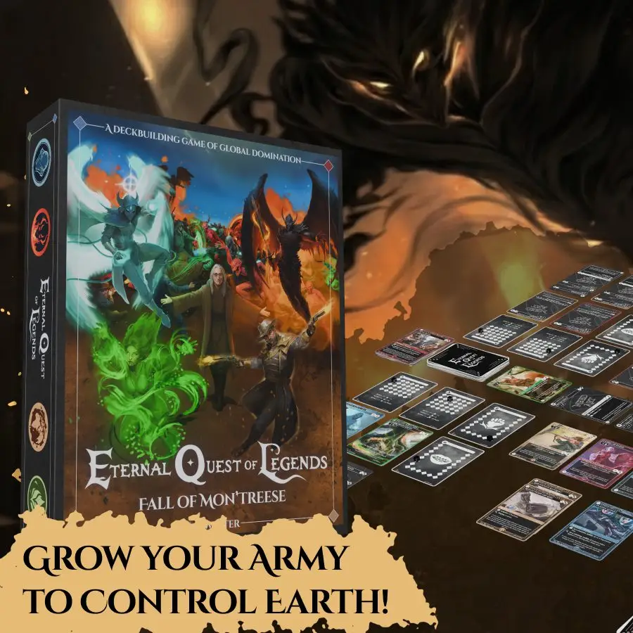 Eternal Quest of Legends box beside a spread of cards on an ember-lit table