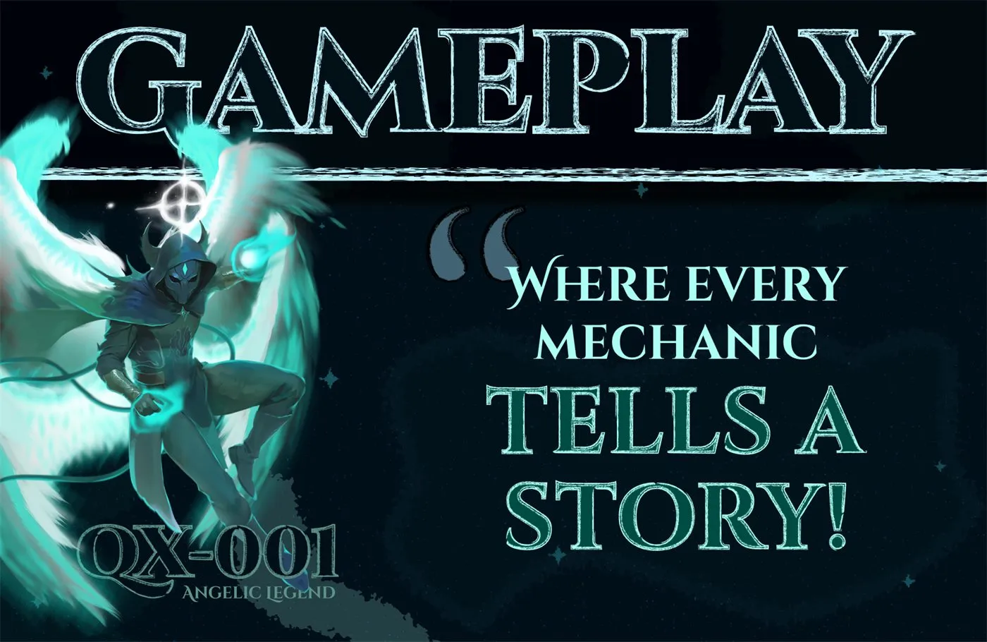 Gamefound Gameplay section: dark teal, chalk-lettered title and a painted angel figure labelled QX-001, Angelic Legend