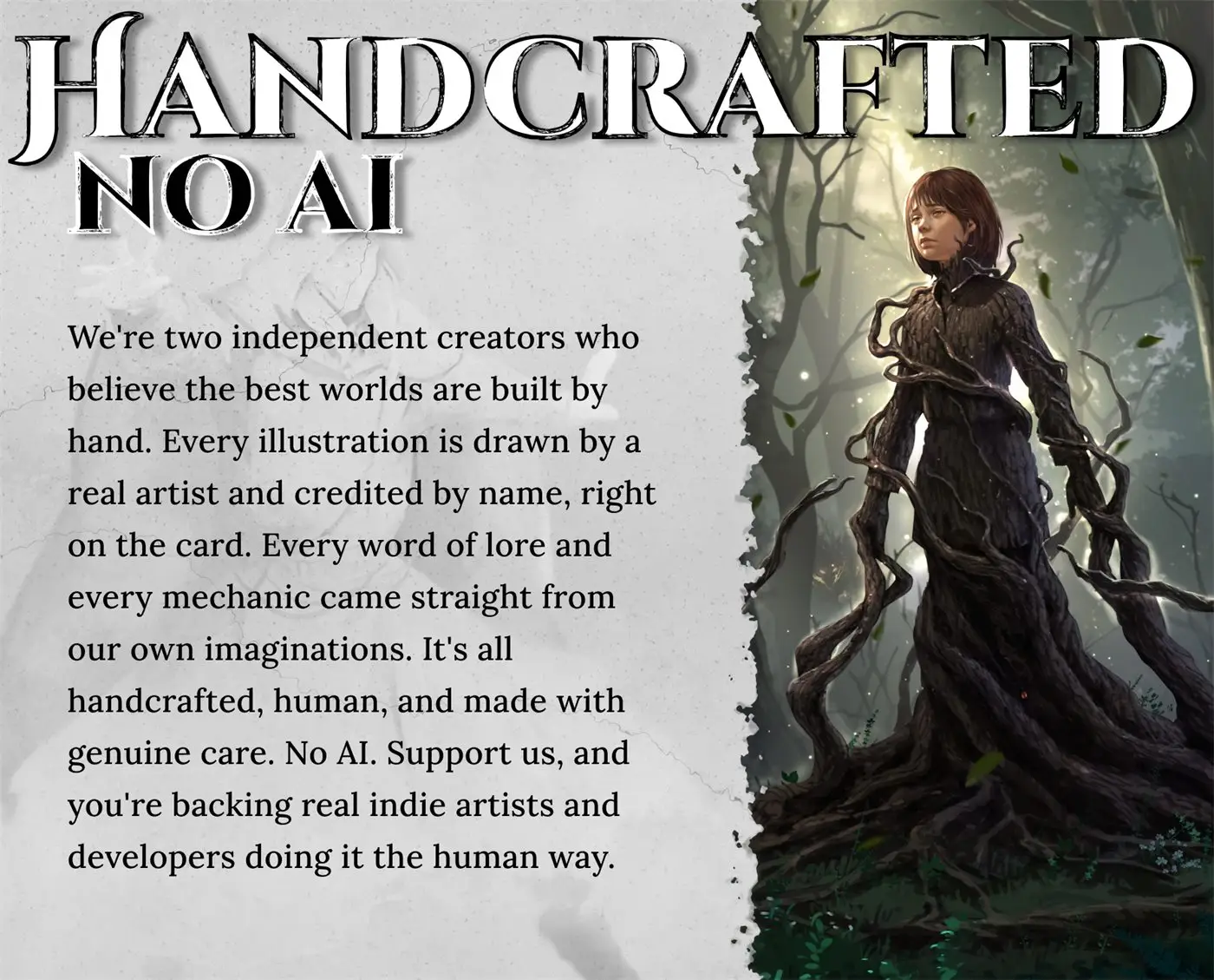 Gamefound section titled Handcrafted, No AI: grey paper with a torn edge and a painted figure wrapped in roots