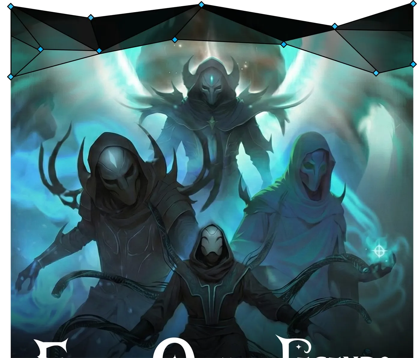 Top of the first Gamefound iteration: a blue polygon mesh over painted hooded figures