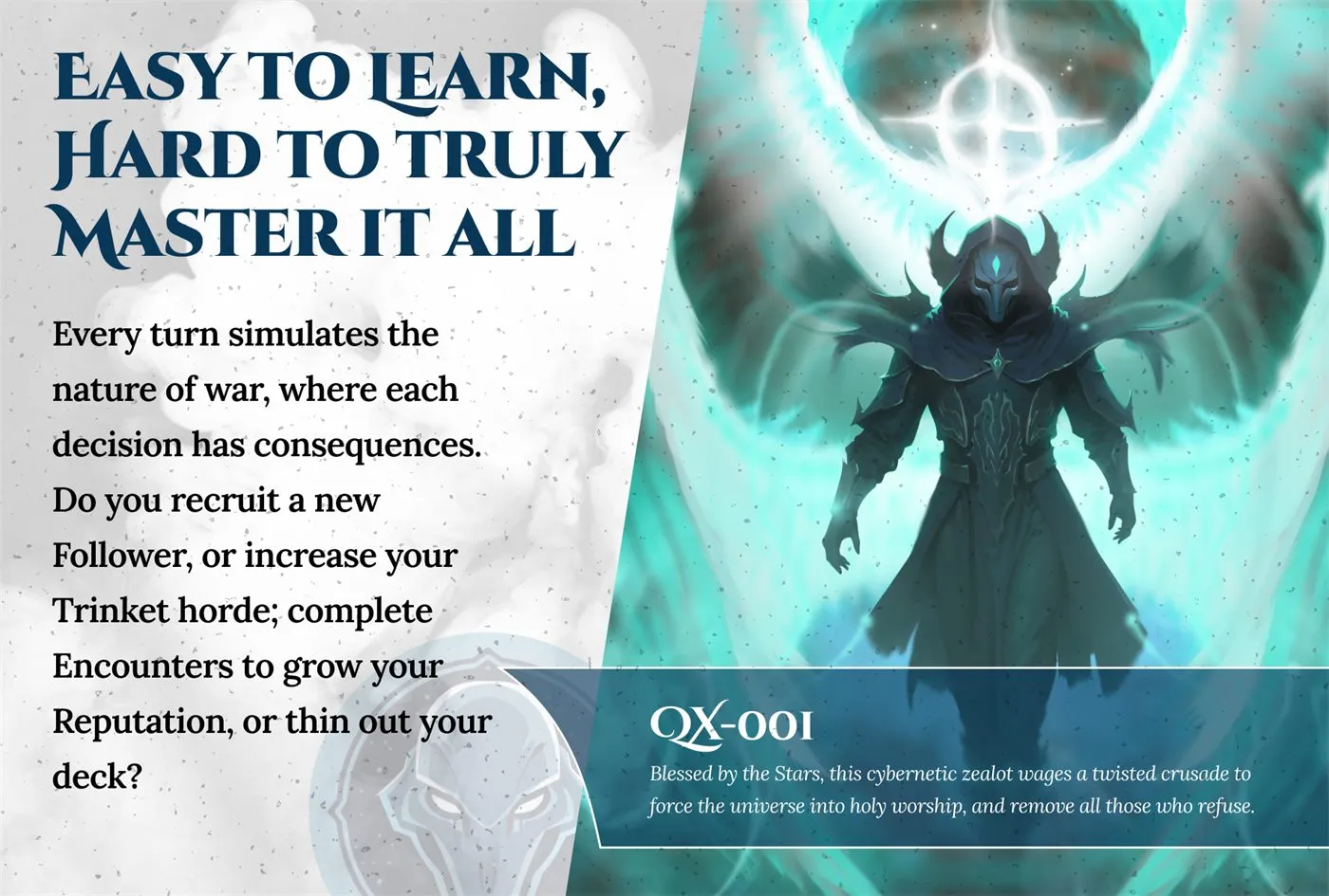 Handout in the navy and teal colorway: Easy to learn, hard to truly master it all, with QX-001